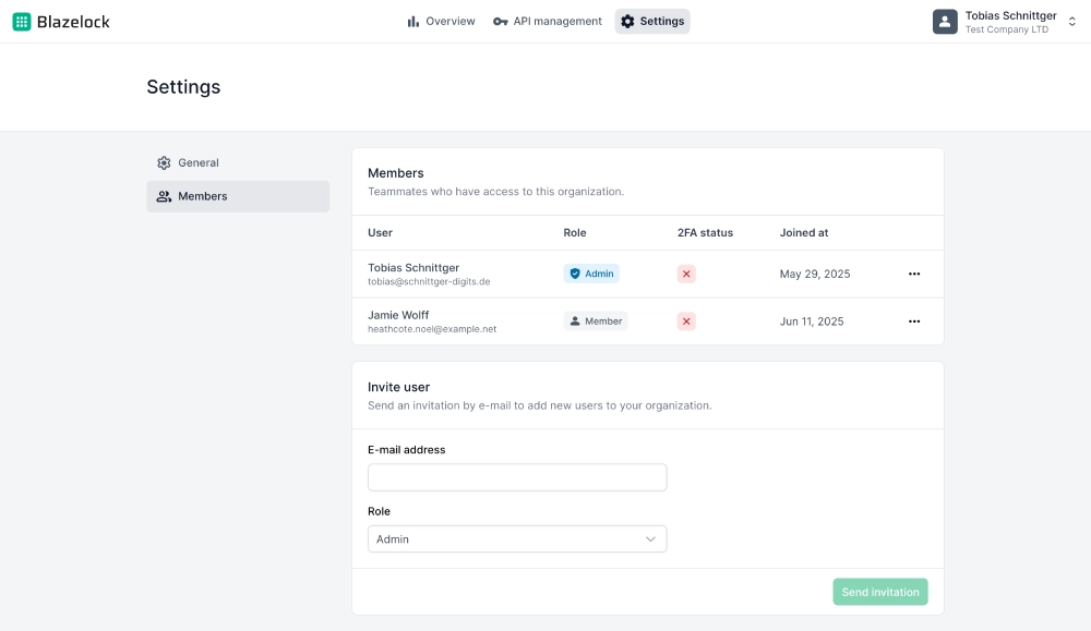 Member management for an organization in Blazelock