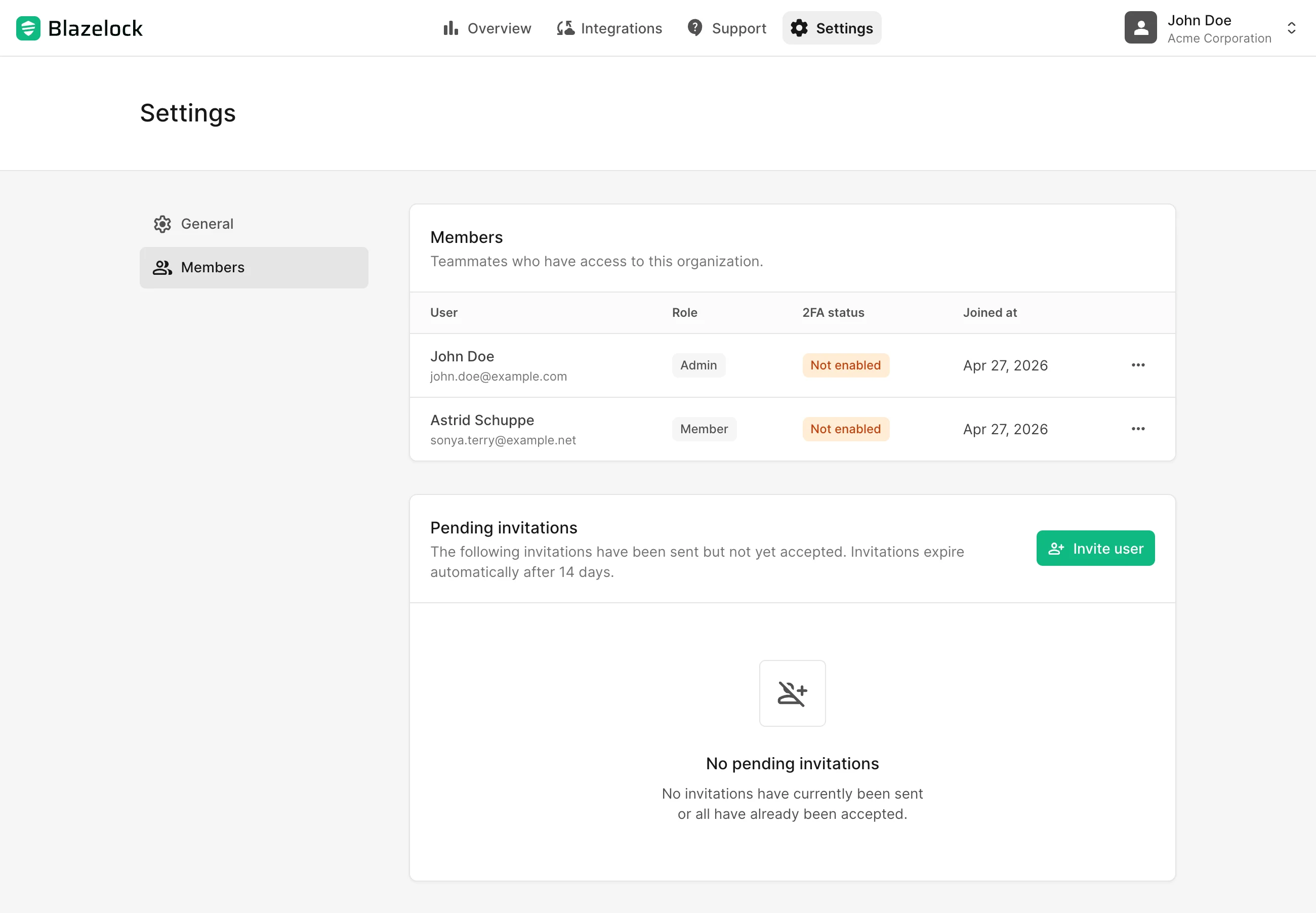 Member management for an organization in Blazelock